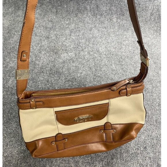 Etienne Aigner Shoulder Bag Cream Fabric Brown Faux Leather Tote Gold Plate Logo - Picture 1 of 16